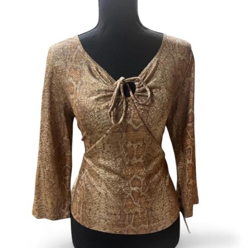 Vintage Y2K Xhilaration Gold Metallic Shimmer Top XL Tie-Neck Flare Bell Sleeve